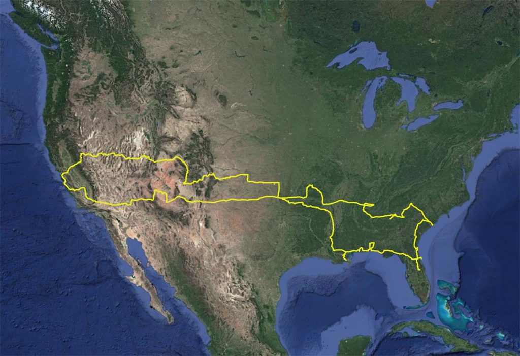 map of the United States with route