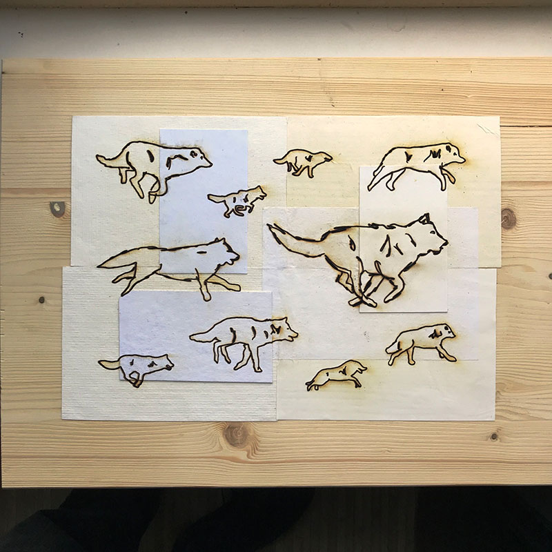 Many wolves burned into paper on wood