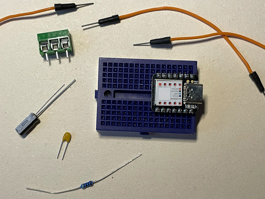 A computer chip on a breadboard
