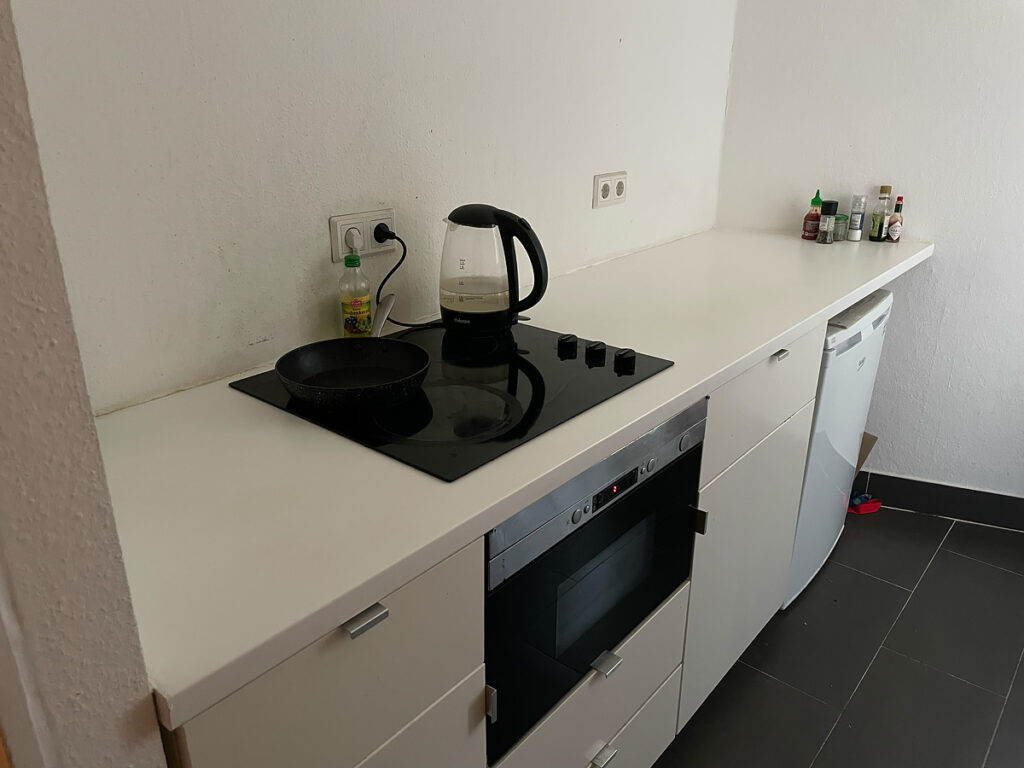 An overhead view of a clean kitchen counter