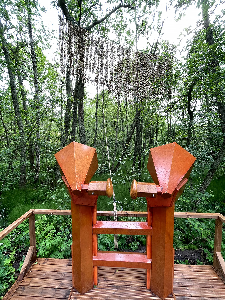Wooden listening cones in outdoors