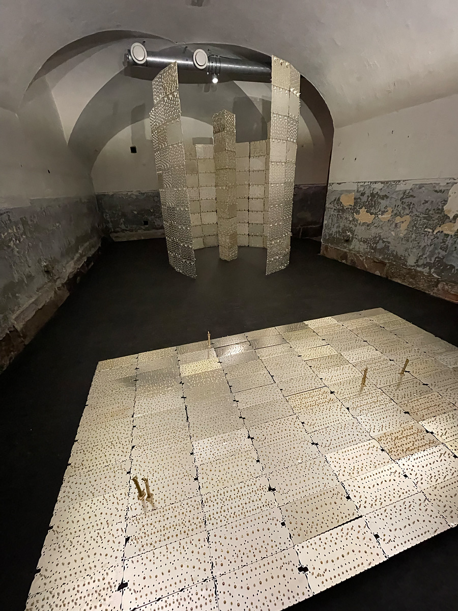 Sheets of perforated steel arranged artfully