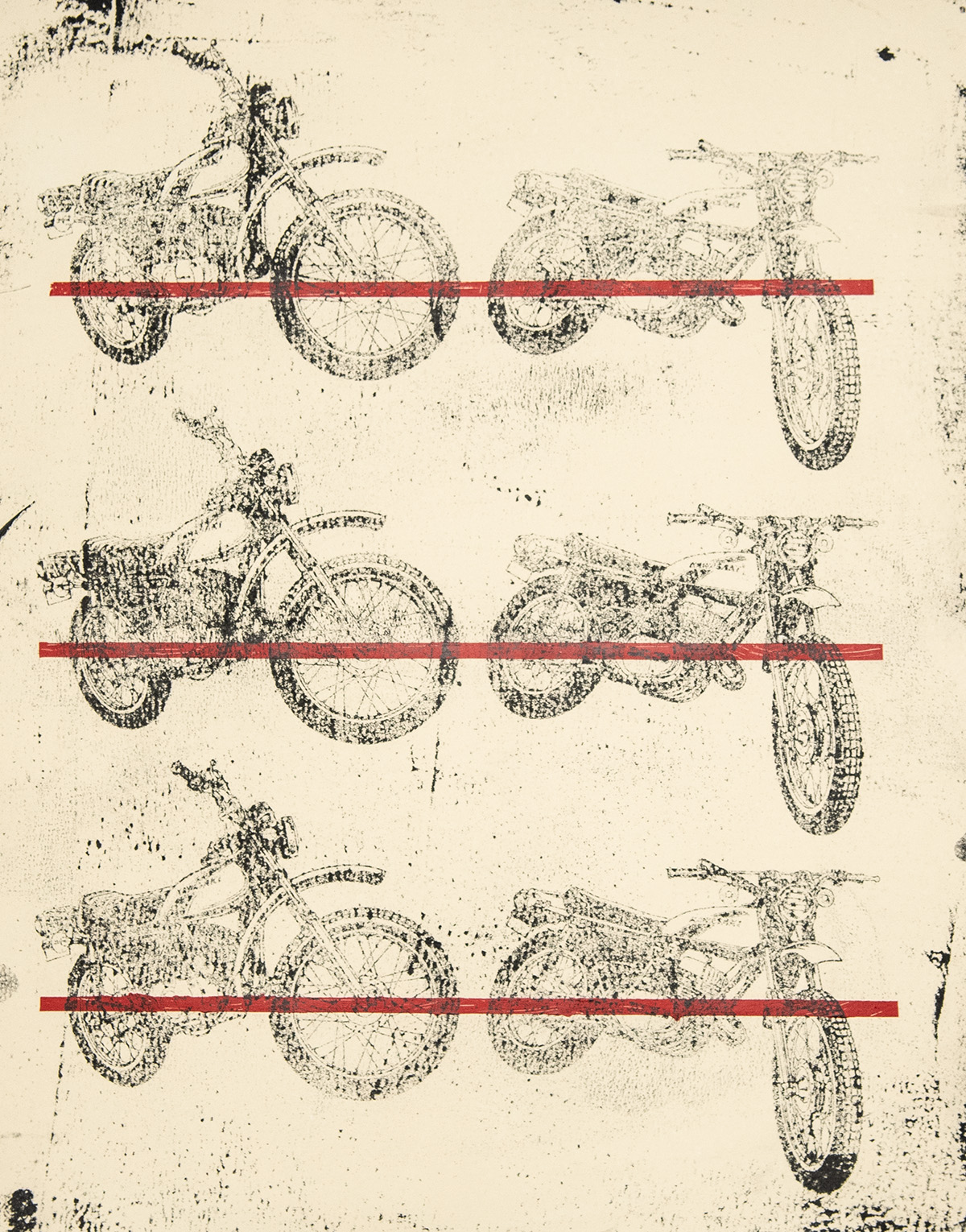 Monotype print with six motorcycles crossed out by red lines