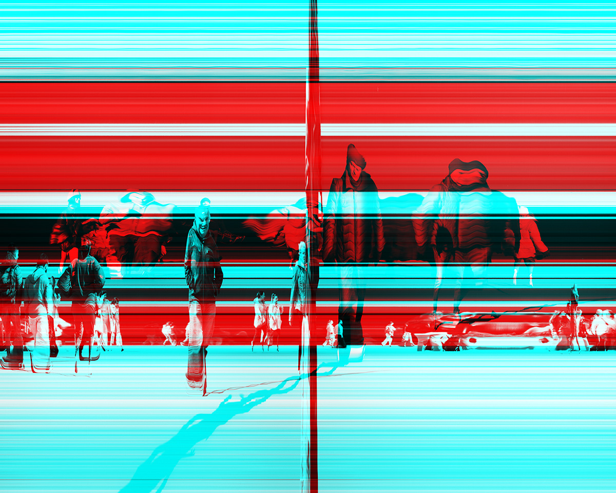 Layered image of people walking past a train