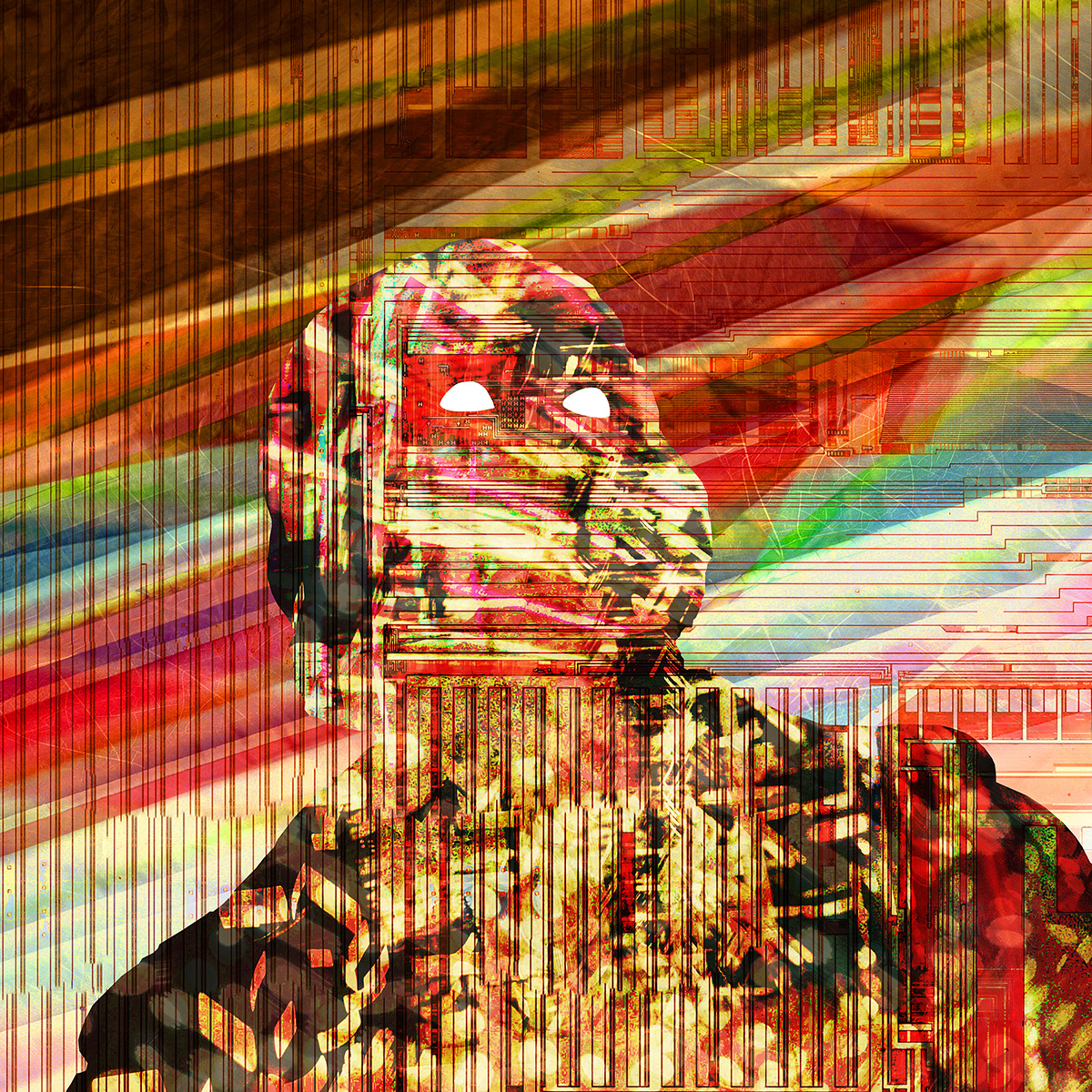 Layered image of a statue face with many colors