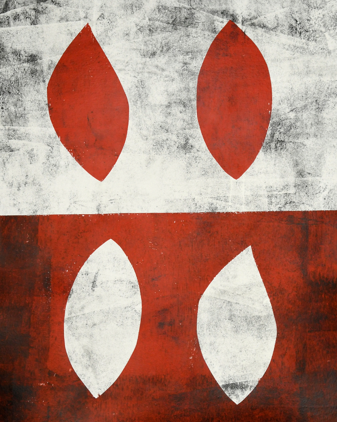 Monotype print with six motorcycles crossed out by red lines