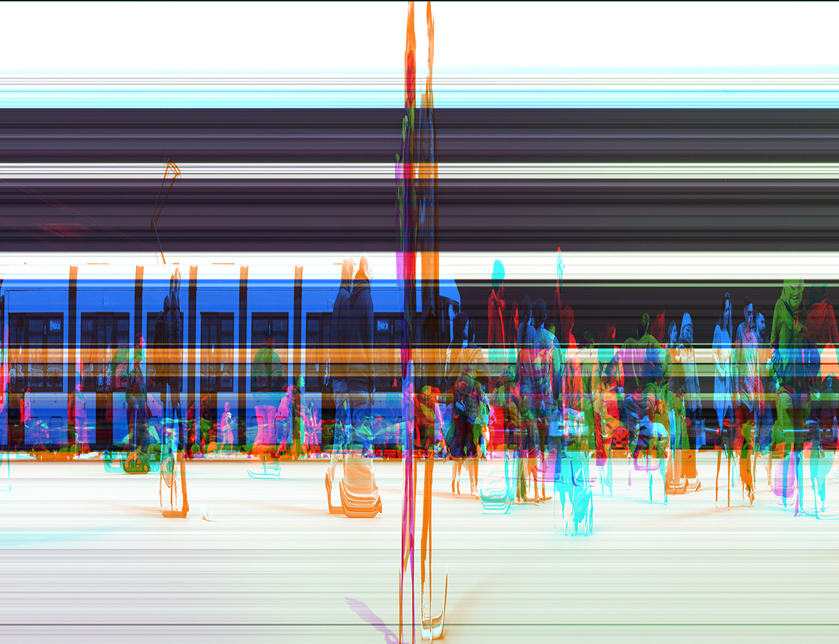 Layered image of people walking past a train