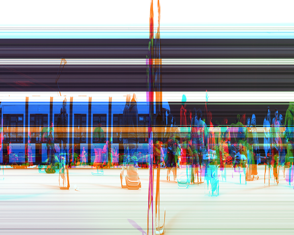 Layered image of people walking past a train