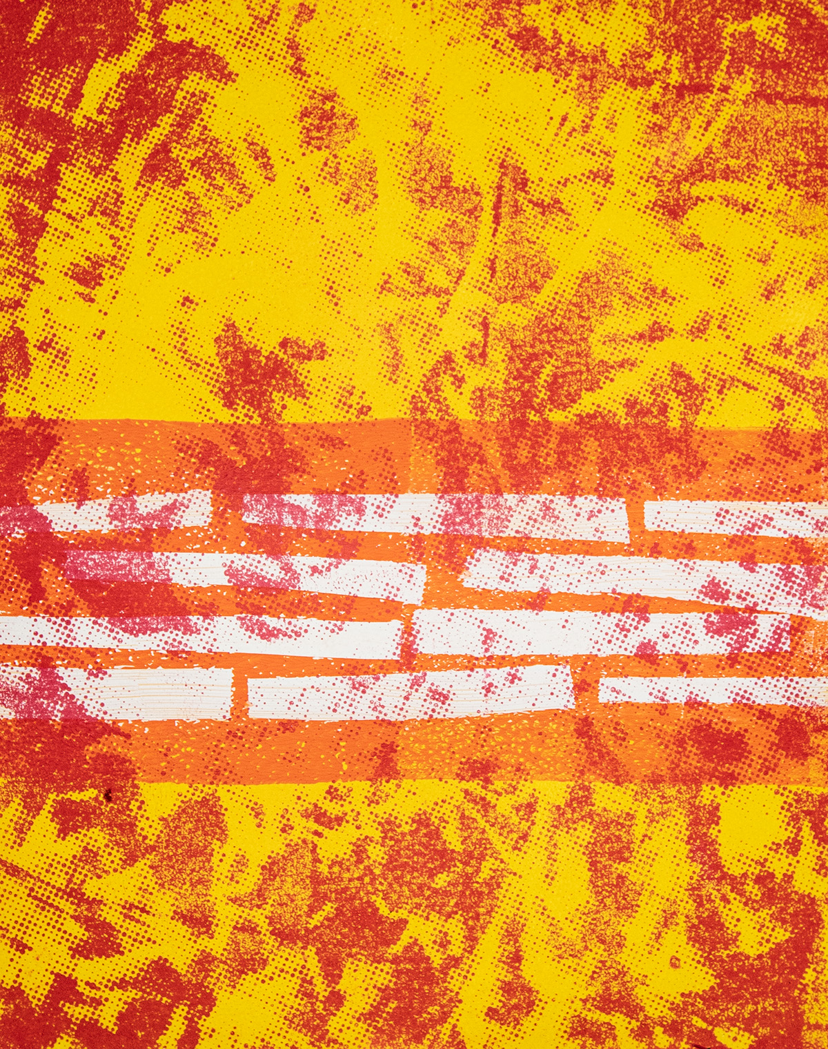 Monotype print with dominant orange colors and white stripes
