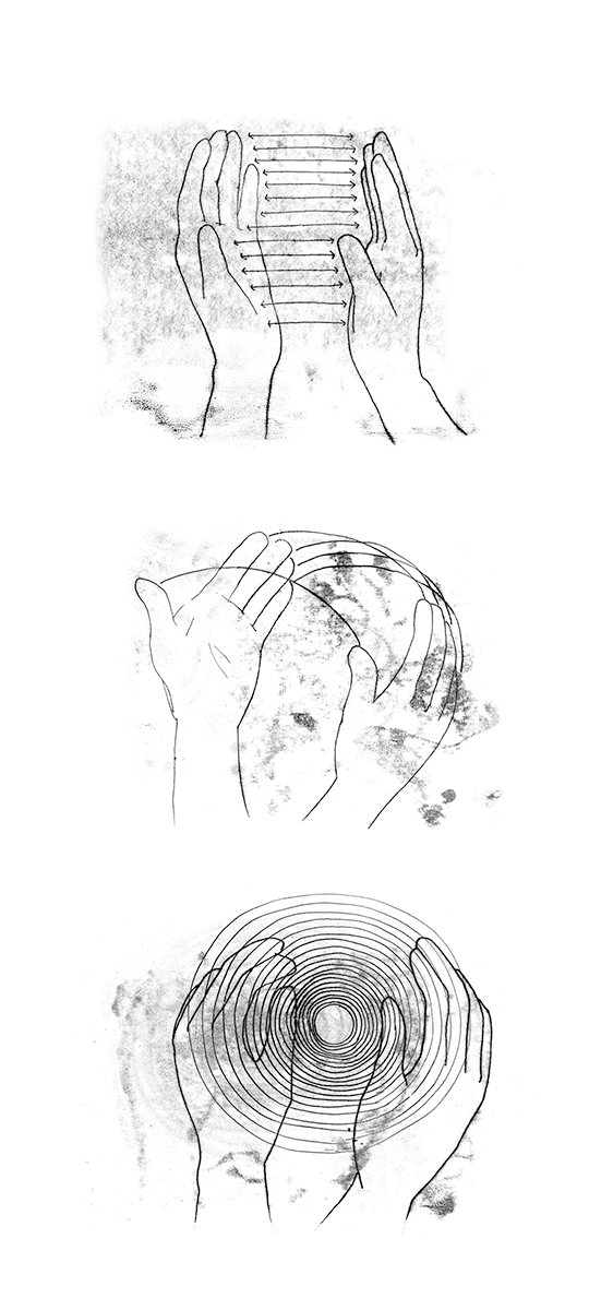 Untitled vertical work with hands, plant forms, and strong light-shadow contrast